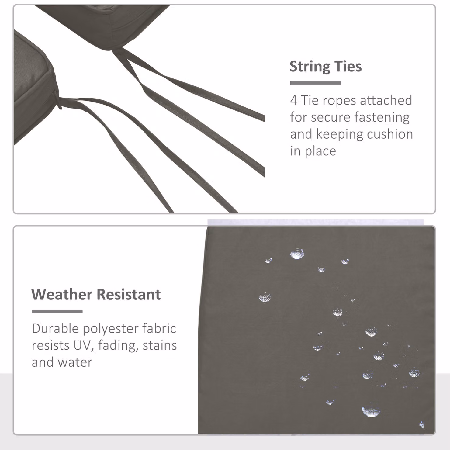 Outsunny Set of 2 Water Repellent Replacement Garden Seat Cushion Pads with Ties, Grey, W/D/H: 45 x 45 x 45 cm – 5