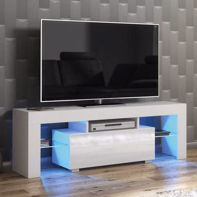 Mex Furniture LTD Floe TV Unit in White with Glossy Doors and LED Lights, W: 130 cm, D: 35 cm, H: 45 cm – 1