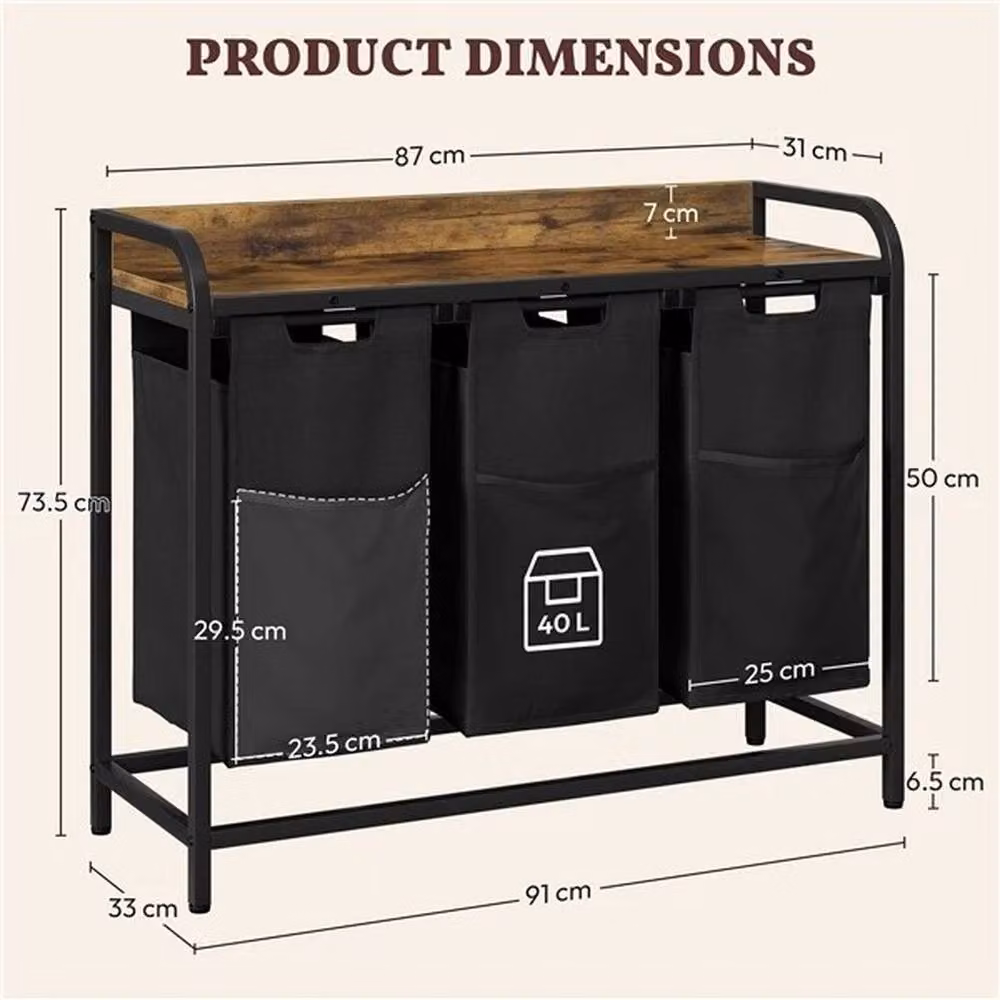 KORVIXA 3-Compartment Laundry Hamper with Removable Bags, Black, H 100 cm x W 15 cm x D 15 cm – 2