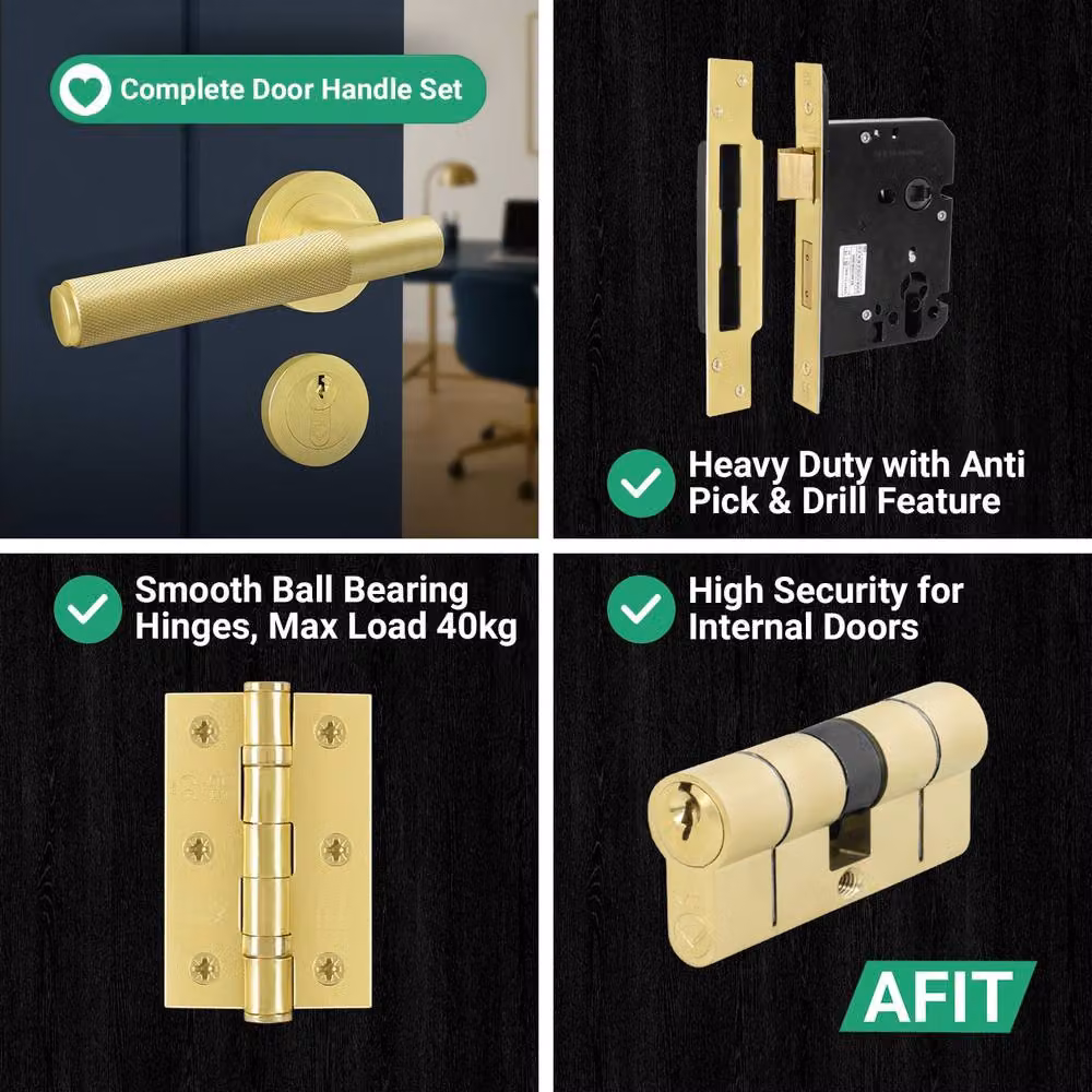 AFIT Satin Brass Euro Lock Double Cylinder Door Handle in Gold, 150 x 150 mm – 6