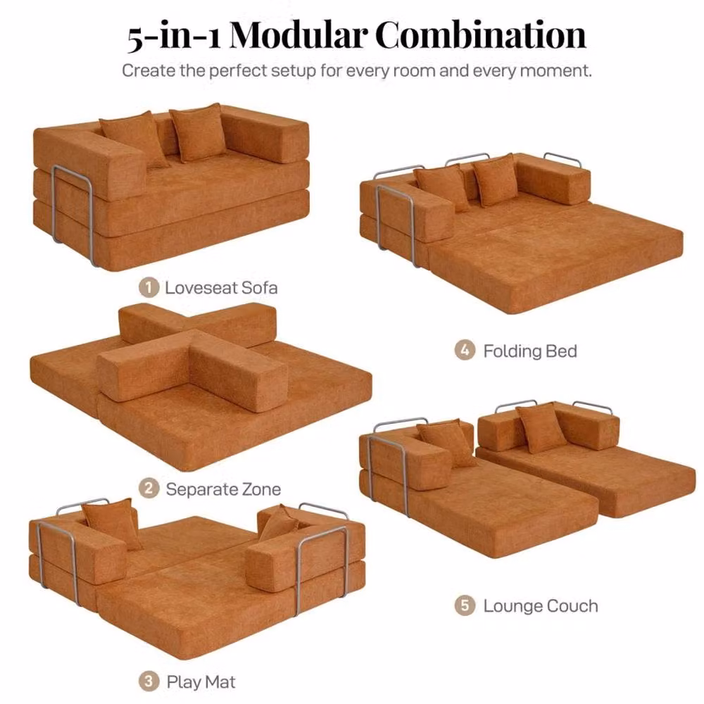 FORGEVIO Orange 2 Seater L-Shape Sectional Sofa Bed with Upholstered Fabric and Foam Filling – 2