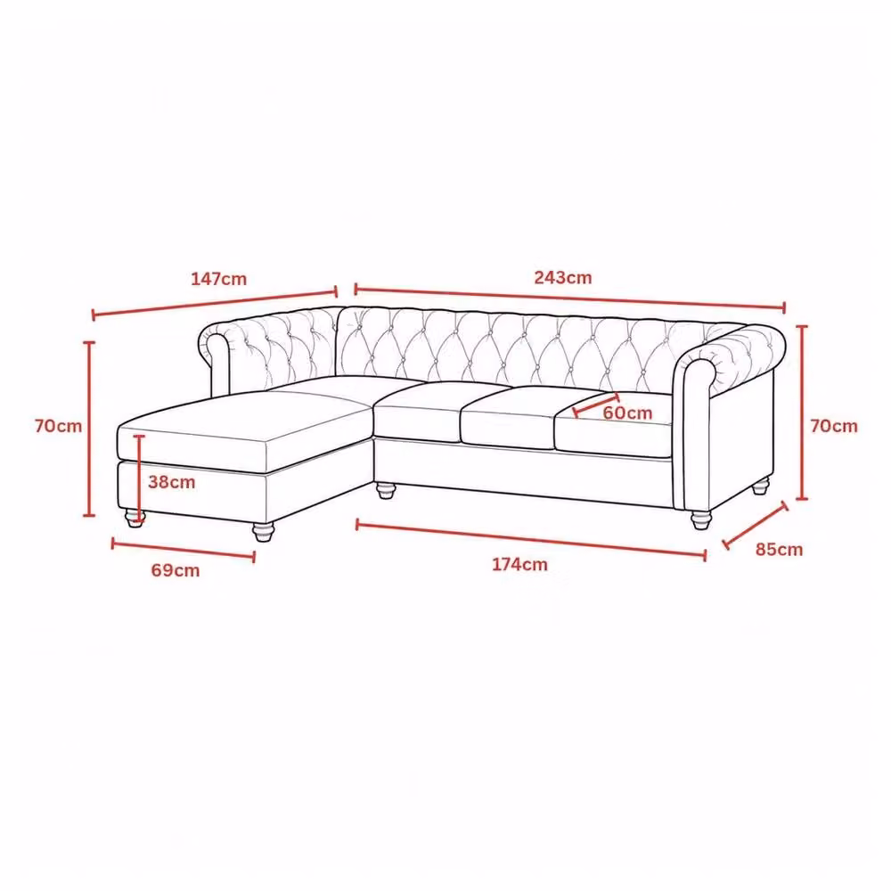 Sofaya Hampton 4 Seater L Shape Chesterfield Sofa in Grey Velvet with Left Hand Chaise – 4
