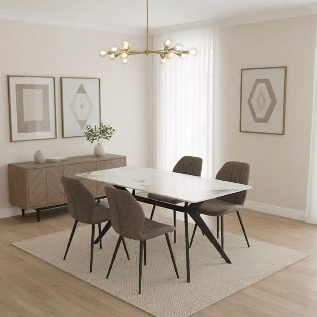 Madefor.living San Diego Marble Top Dining Table and Jaydn Faux Leather Chairs in Grey and Matt Black