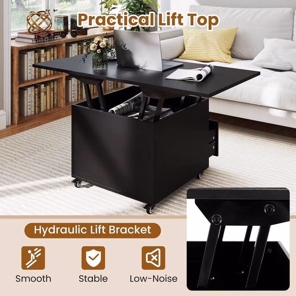 PAWNORA Modern Black Lift Top Coffee Table with Folding Mechanism and Castors – 3