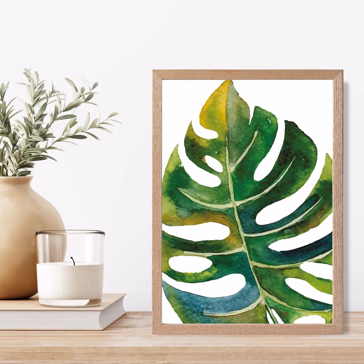 ARTZE Tropical Monstera Abstract Watercolour Botanical Framed Print, Green, Oak Frame, A3 – 2