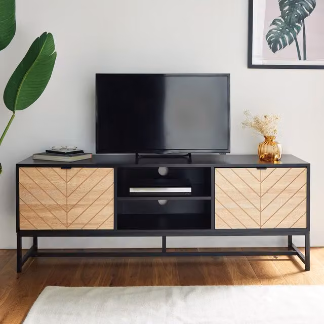 VonHaus Dalton Geometric Industrial TV Unit in Matt Black, W/D/H: 150 x 39 x 50 cm
