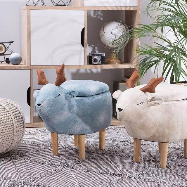 Wyld and Coco Reindeer Kids Stool in Beige Microfibre with Storage and Rubberwood Frame