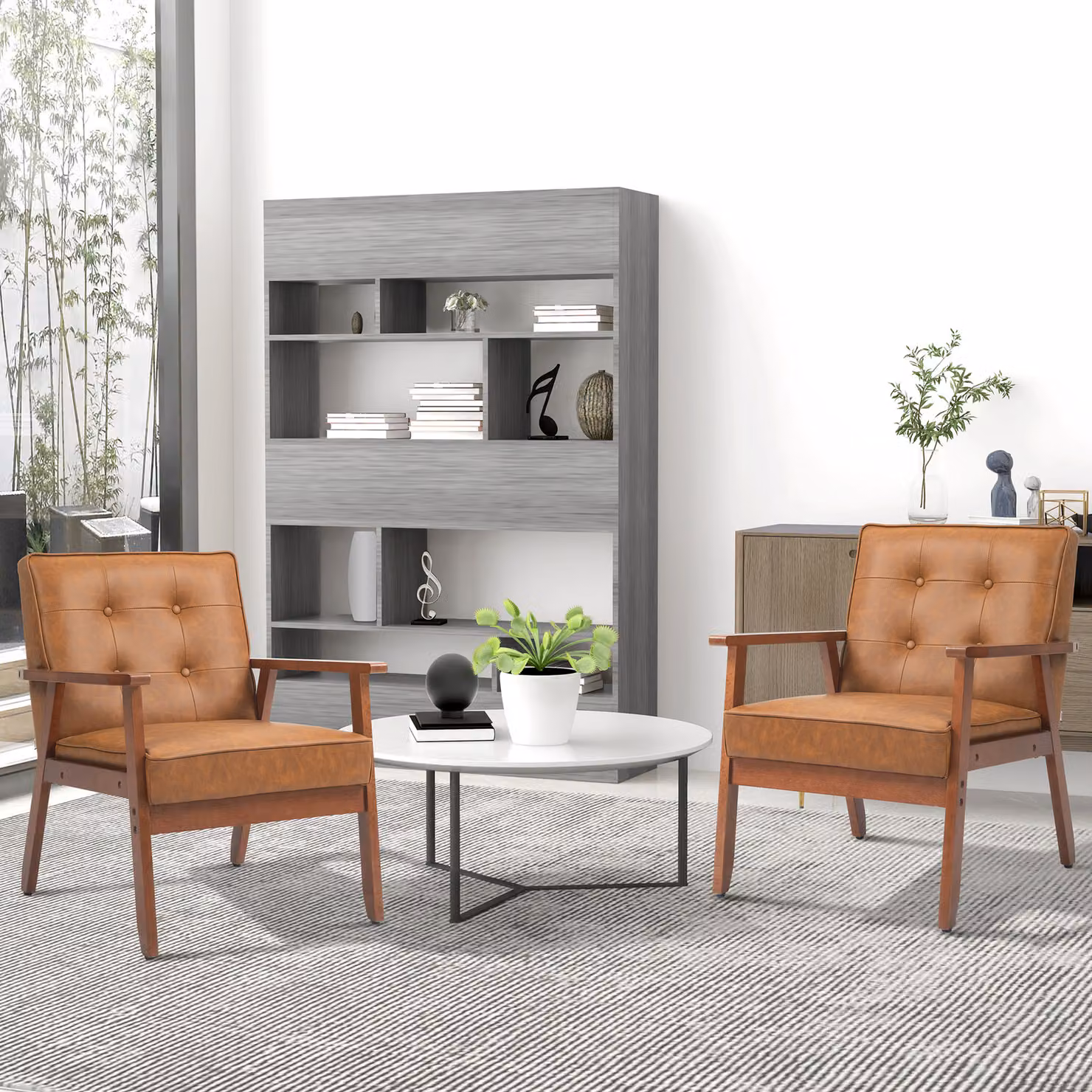 HOMCOM Set of 2 Retro-Style Accent Chairs with Brown Faux Leather Seats and Solid Wood Frames – 2