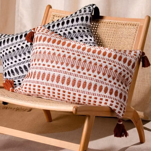 Yard Ganado Woven Cotton and Linen Tasselled Cushion in Pecan, W/D/H: 60 x 40 x 40 cm