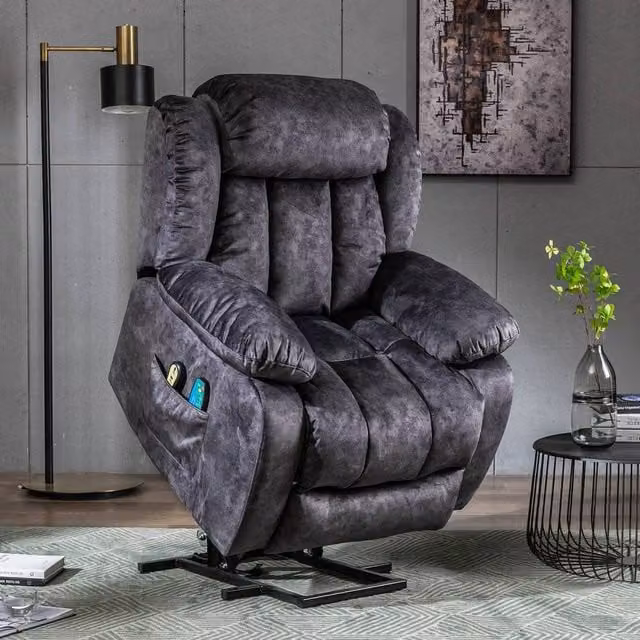 Merax Power Lift Recliner Chair with 8-Point Vibration Massage and Lumbar Heat in Grey Microfibre Fabric – 1