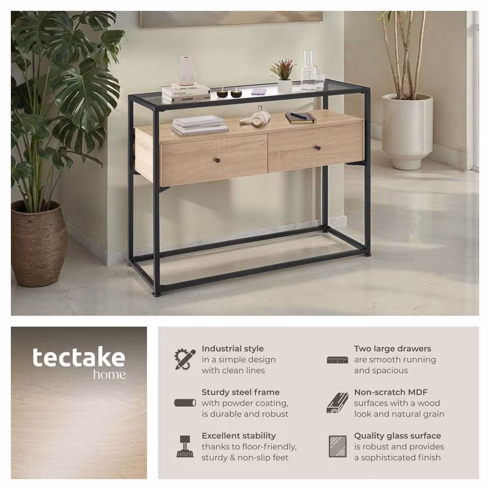 tectake Reading Sideboard in Light Oak with Safety Glass Tabletop and 2 Large Drawers – 2