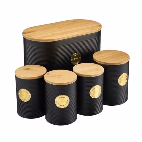 Cooks Professional 5 Piece Ribbed Stainless Steel Kitchen Storage Canister Set with Airtight Bamboo Lids in Black and Gold