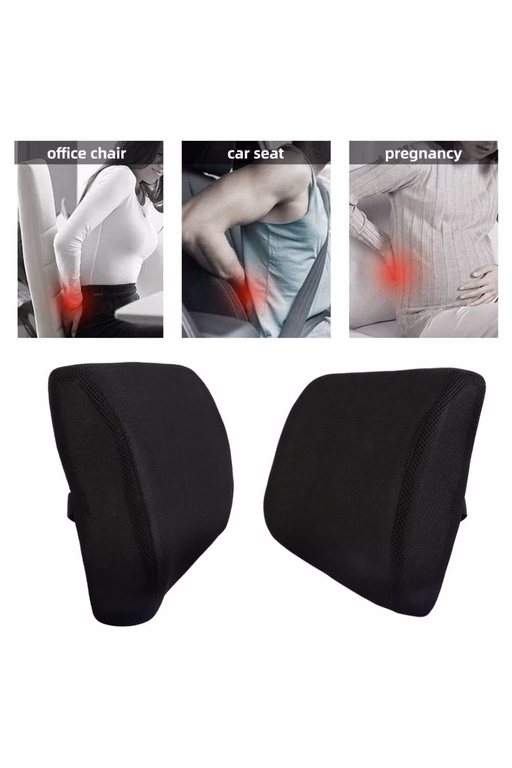 KDMD Black Memory Foam Lumbar Back Support Cushion with Breathable Removable Mesh Cover – 2