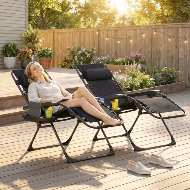 Outsunny Set of 2 Black Zero Gravity Textilene Chairs with Cup Holders and Adjustable Headrests