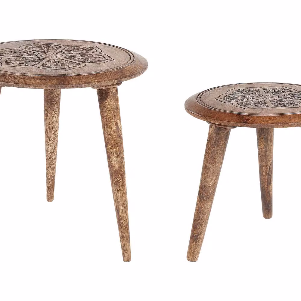 Wyld and Coco Set of 2 Round Oriental-Inspired Mango Wood Side Tables in Brown – 2