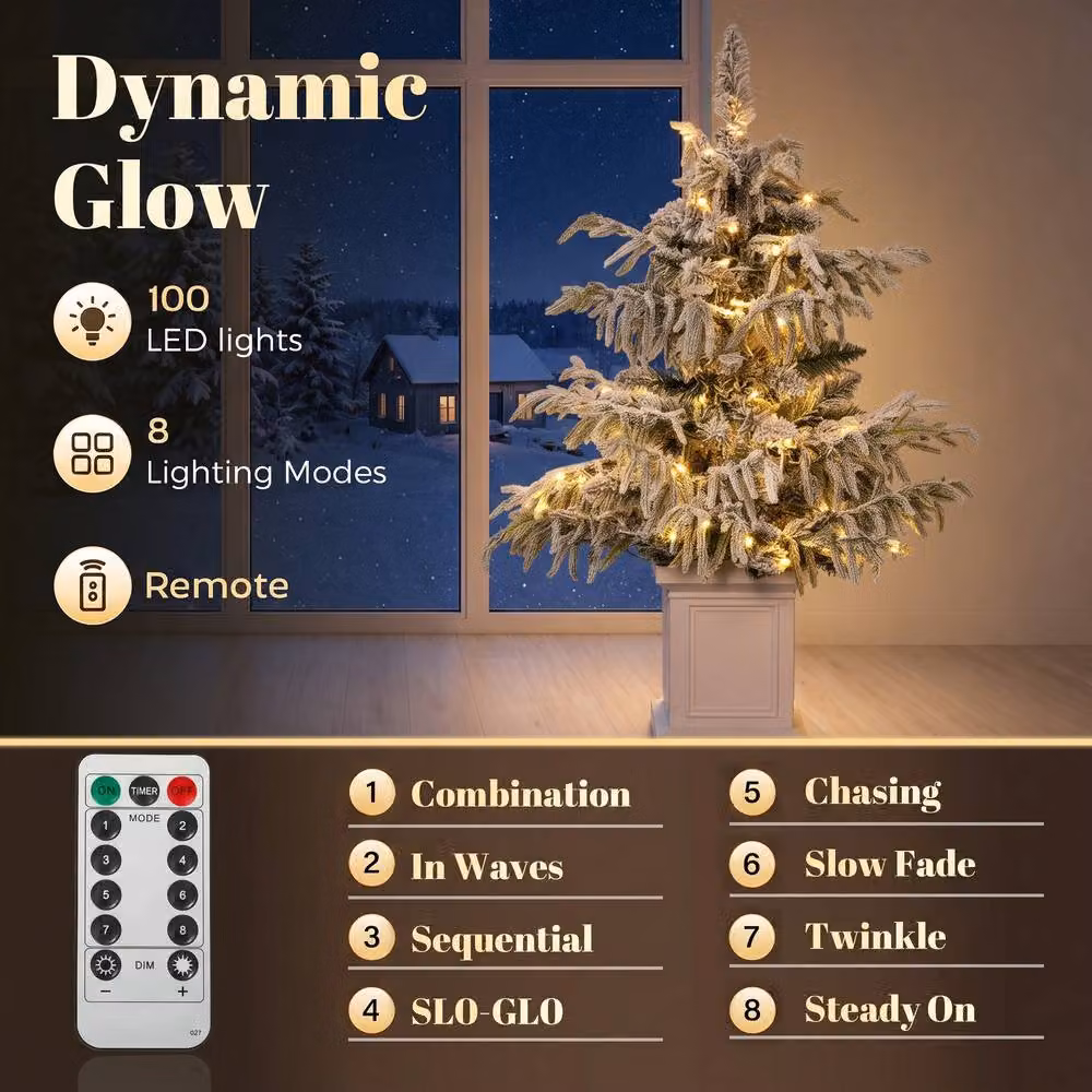 HOMCOM 3ft Prelit Flocked Christmas Tree with 8 LED Light Modes and Remote Control in Green and White – 4
