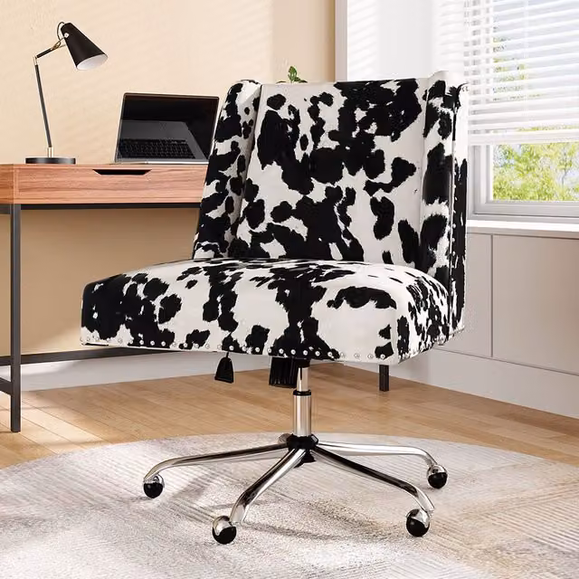 Livingandhome Modern Animal Print Velvet Upholstered Swivel Task Chair in Black and White