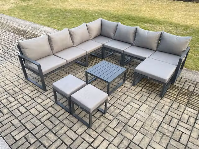 Fimous Powder Coated Aluminium L-Shape Garden Furniture Set in Dark Grey with Corner Sofa, Coffee Table and 3 Ottomans