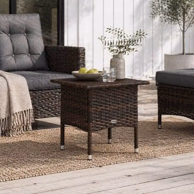 Wyld Haus Varilu Mixed Brown Rattan Style Outdoor Coffee Table with Square Woven Top in Dark Brown – 1