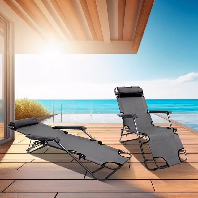 Neo Set of 2 Grey 2-in-1 Sun Lounger Chairs with Textilene Fabric and Armrests
