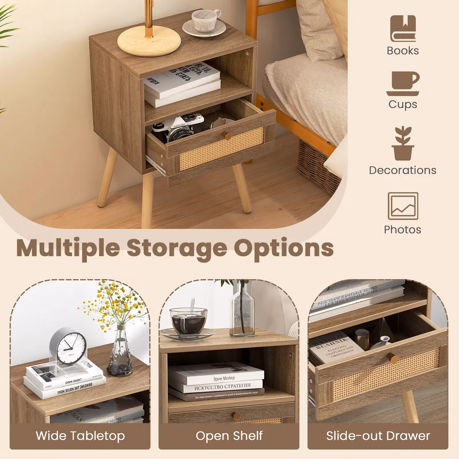 Gymax Boho Rattan Nightstand and End Table with Drawer and Open Shelf in Khaki Oak – 6