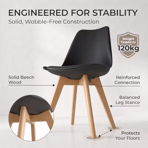 Bravich LTD Rocco Tulip Dining Chair in Black with Synthetic Leather Cushion and Beech Wood Legs – 4