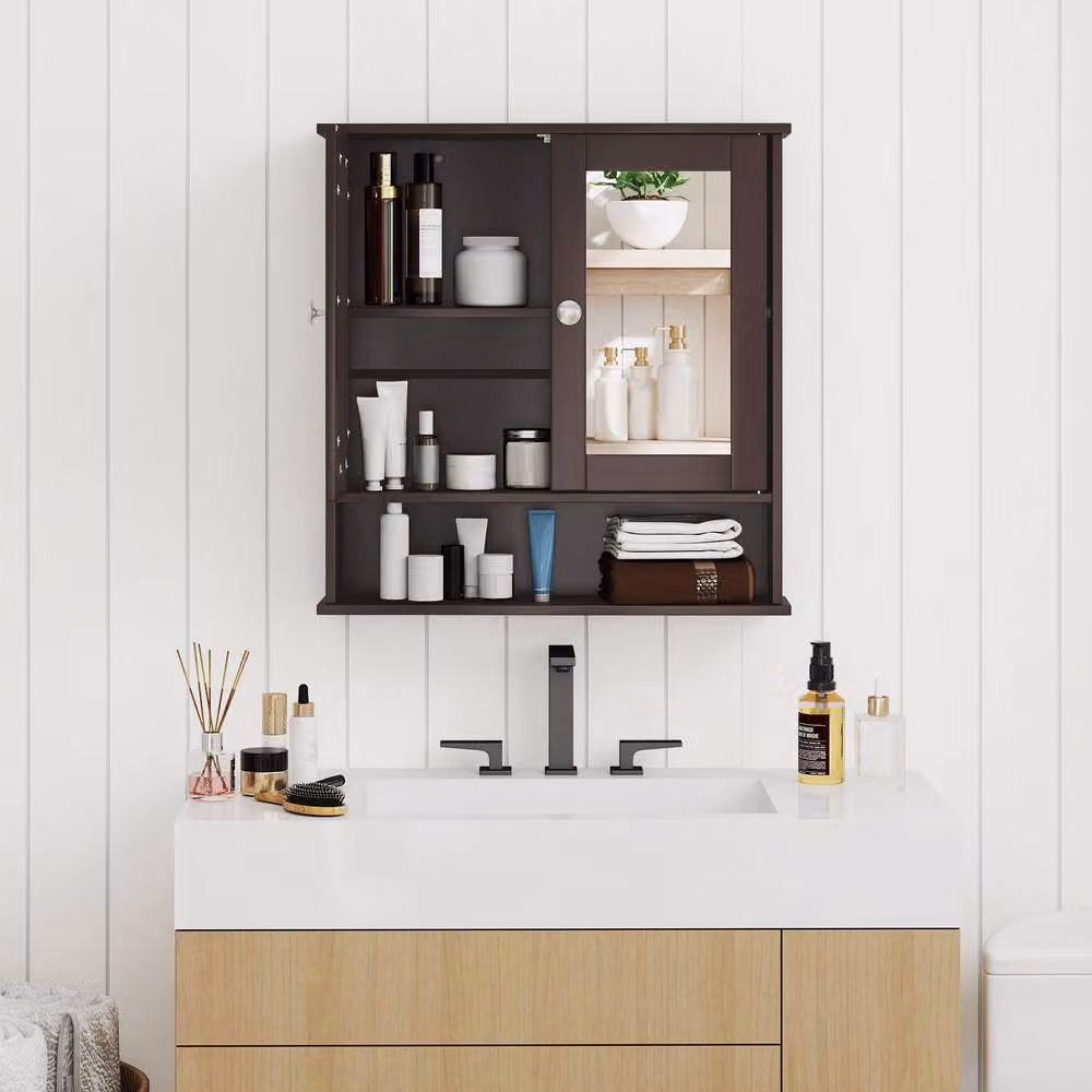 Costway Wall Mounted Brown Wooden Bathroom Medicine Cabinet with Mirror and Two Hinged Doors – 8