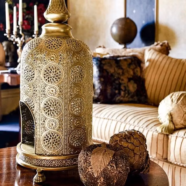 Madison & Mayfair Large Gold Metal Oriental Geometric Tabletop Pillar Lantern – 1