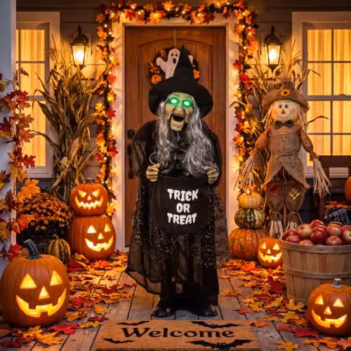 HOMCOM Animated Witch Halloween Decoration with Light Up Eyes in Black, Silver and Green, Height: 94 cm – 3