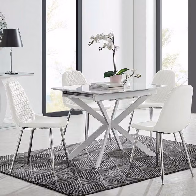 FurnitureboxUK LIRA 100 Extending White Glossy Glass Kitchen Dining Table and 4 Corona Silver Leg Chairs