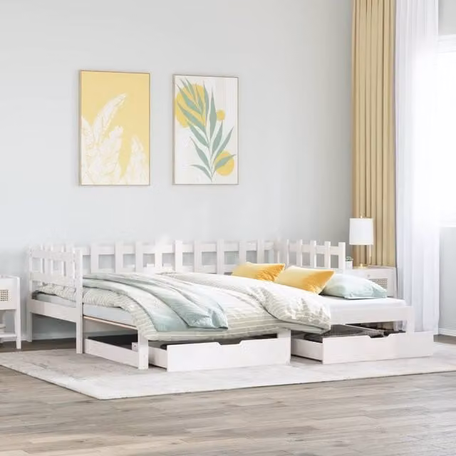 Berkfield Home White Rustic Pine Daybed with Trundle and Drawers, W/D/H: 90 x 200 cm