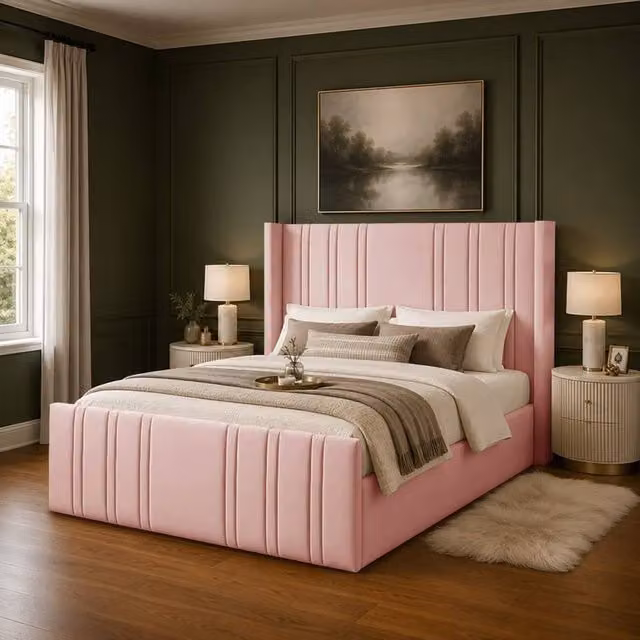 Desire Deco Gerald Wingback Ottoman Storage Bed Frame in Pink Plush Velvet, Double (140 x 200 cm)