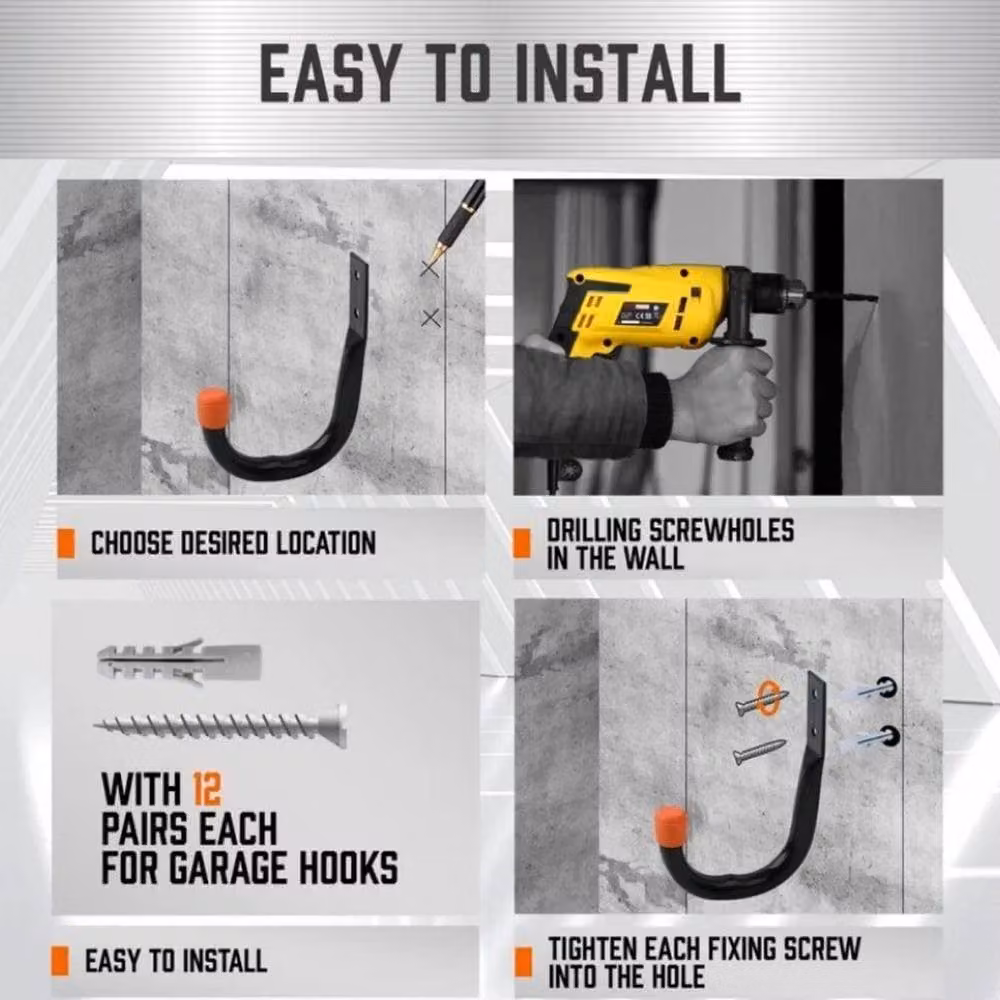 FLAVORA 12 Piece Heavy Duty Wall Mount Garage Storage Hooks in Black, W: 52 cm, H: 1000 cm – 3