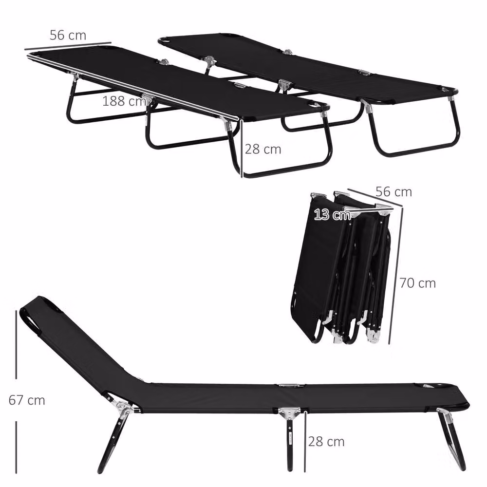 OUTSUNNY Set of 2 Folding Sun Loungers in Black with Adjustable Headrest and Textilene Fabric – 2
