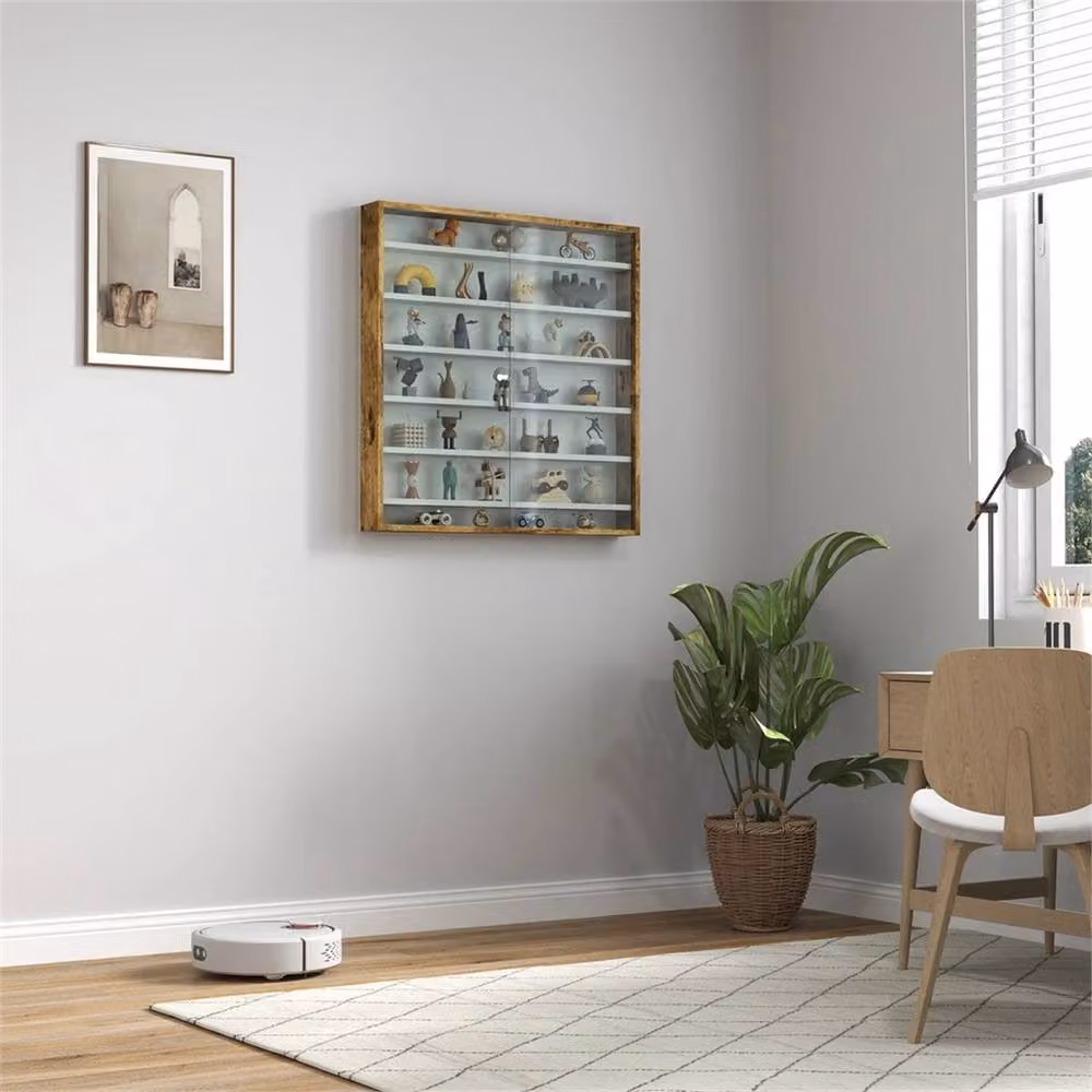 Nordara Rustic Brown Wall Mounted 7-Tier Display Cabinet with Glass Doors and Internal Shelves W/H: 100 x 100 cm – 3