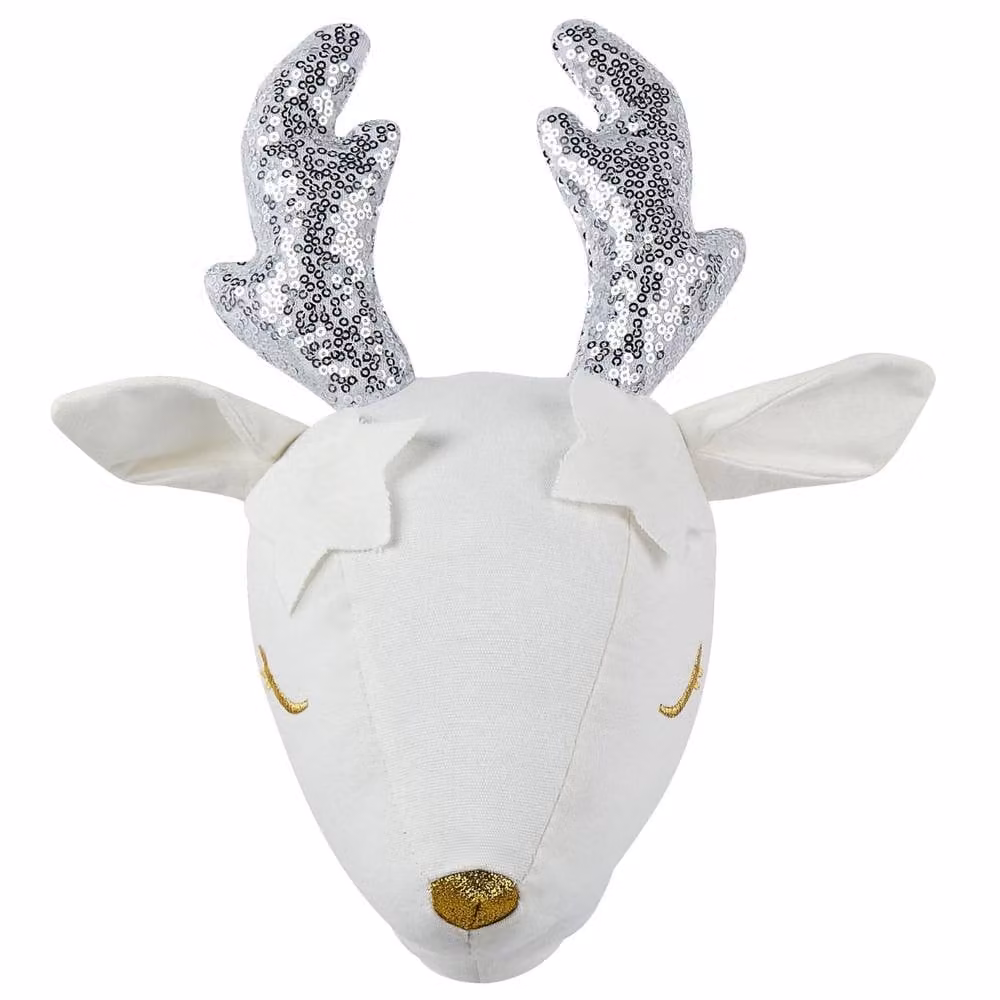 Wyld and Coco White Cotton Roe Deer Plush Wall Head with Sequin Horns and Gold Nose – 2