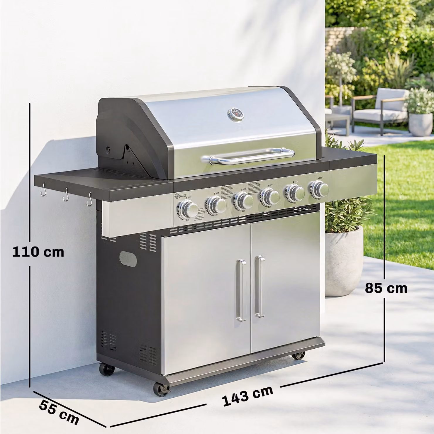 Outsunny 6 Burner Liquid Propane Gas BBQ Grill with Warming Rack, Side Tables, Cabinet and Wheels – 3