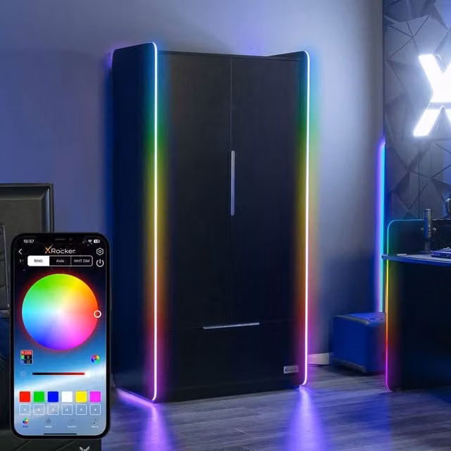 X Rocker Electra 2 Door Wardrobe with Integrated LED Lights and Storage Shelves, Black