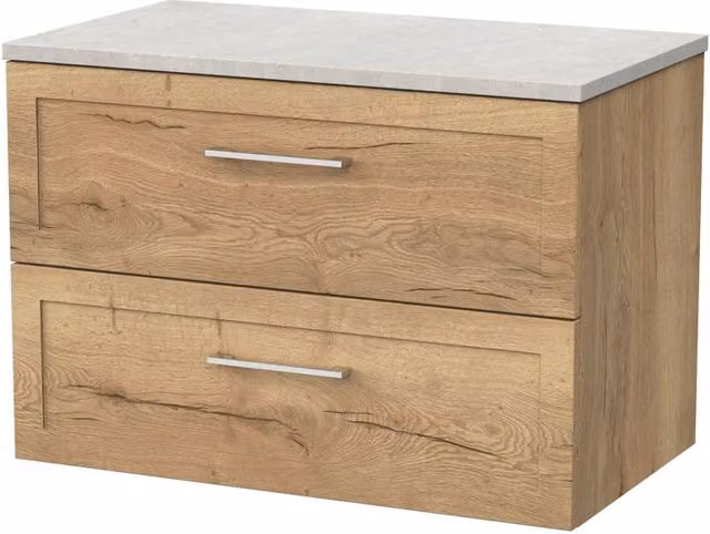 Balterley Stonnall 2 Drawer Wall Mounted Bathroom Vanity with White Sparkle Top, Autumn Oak and Brown, Width: 80 cm