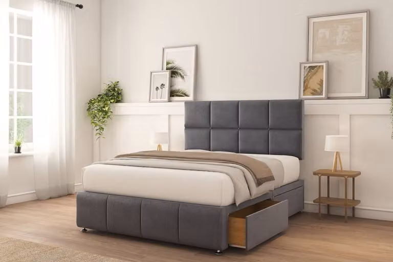 Sloomy Brington Plush Divan Bed Set in Dark Grey with 2 Drawers and 26 inch Strutted Headboard, W/D/H: 80 x 190 cm, Small Single