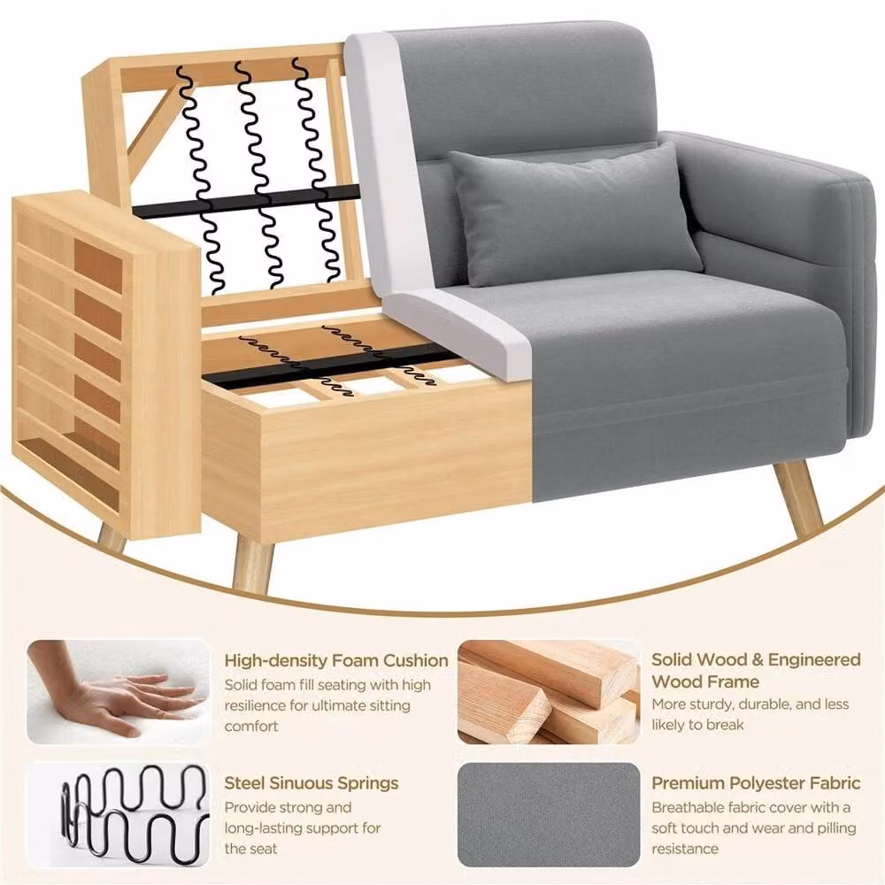 NESTLUNE Grey 2 Seater Upholstered Futon Sofa Bed with Sleeping Function, W: 100 cm, H: 15 cm – 4