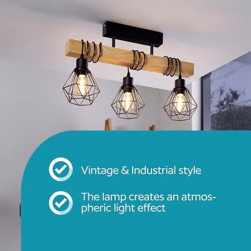 Eglo Townshend Industrial 3-Light Suspended Bar Pendant Light in Brown and Black Wood and Metal – 2