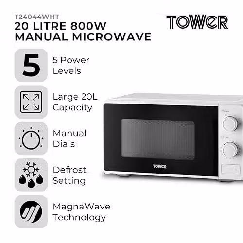 Tower 20 Litre 800W Solo Manual Microwave with Dial Timer and Glass Door, White, T24044WHT – 2