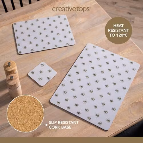 Creative Tops Set of 4 Grey Country Bee Rectangular Placemats with Cork Backing, W: 30 cm, D: 22 cm, H: 1.5 cm – 3