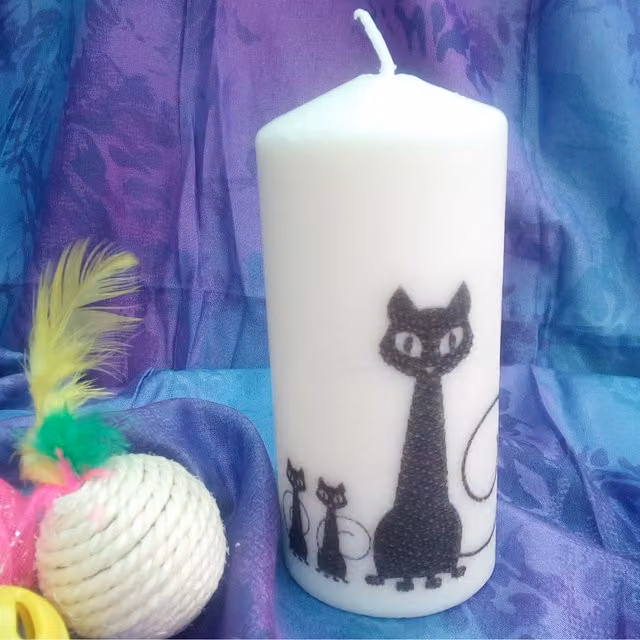 Viki White Pillar Candles with Cat Design