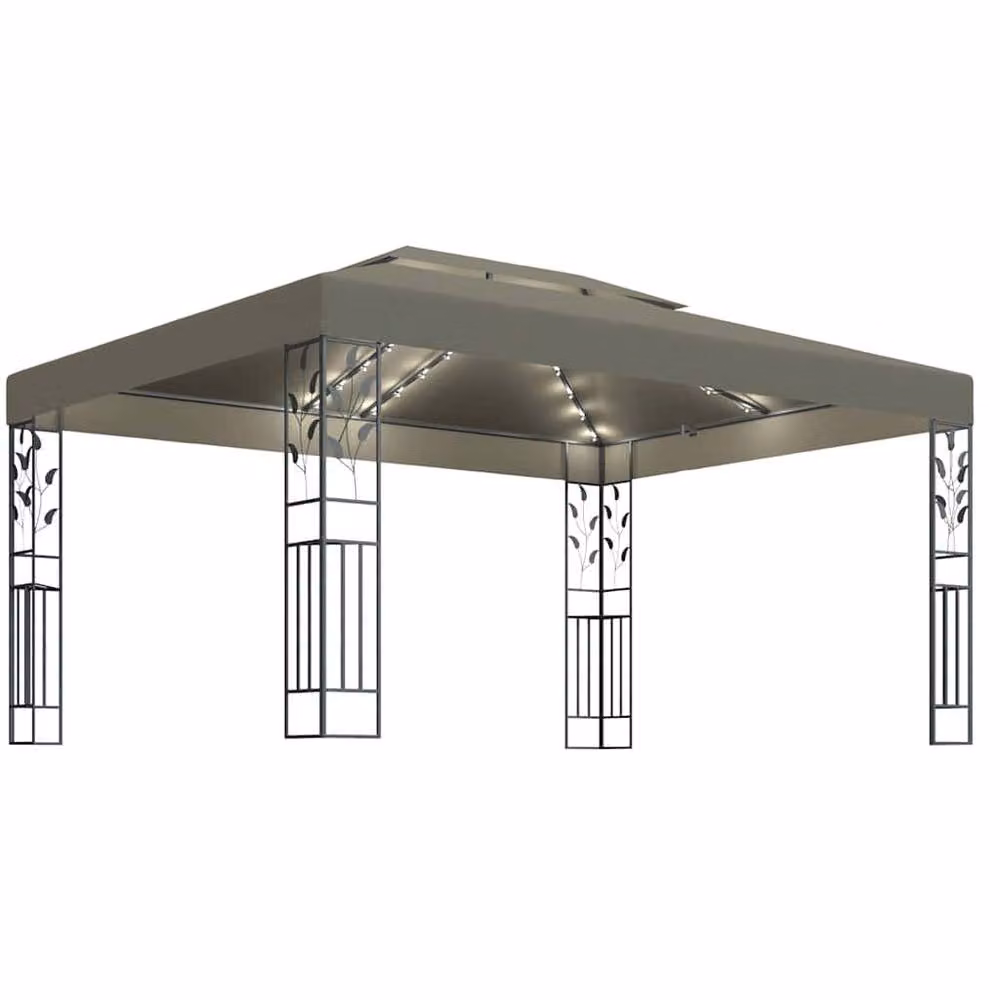 Berkfield Home Double Roof Gazebo with LED String Lights, Taupe, W: 4 m, D: 3 m – 3