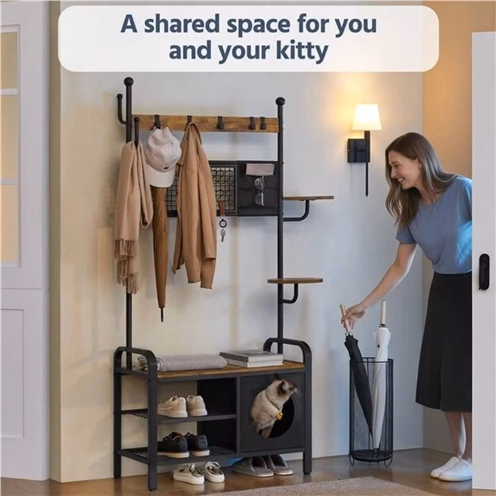 KORVIXA Industrial Hall Tree with Bench, Coat Rack and Shoe Rack in Brown and Black, H 90 cm x W 90 cm x D 90 cm – 2