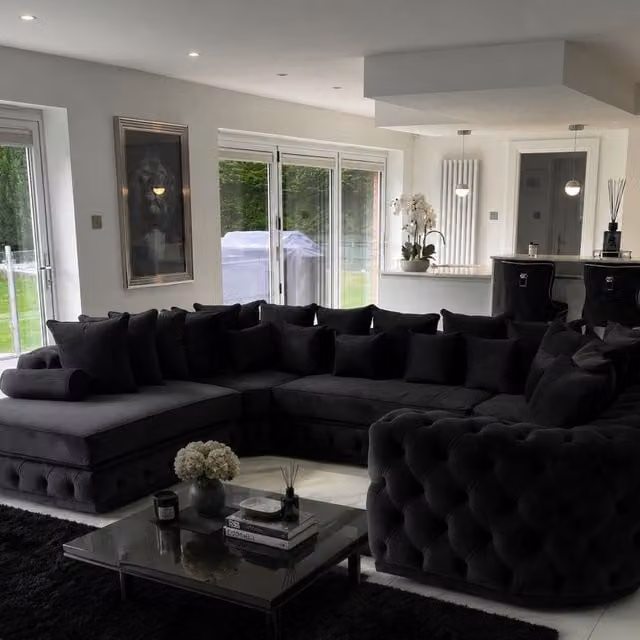 HOB Furniture Royal Surrey U-Shape Velvet Chaise Sofa in Black with Matching Ottoman and Scatter Cushions