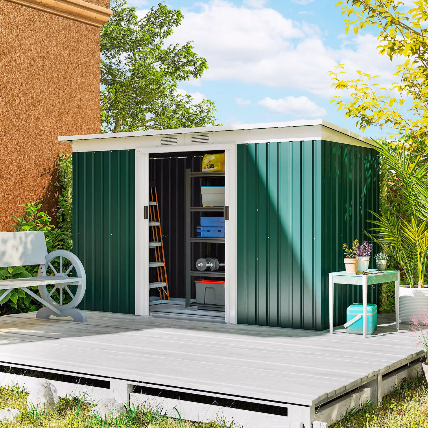 Outsunny Deep Green Corrugated Metal Garden Storage Shed with Foundation and Ventilation – 2