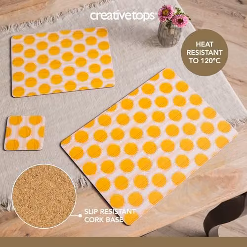 Creative Tops Set of 4 Yellow Dotted Rectangular Placemats with Cork Backing, W: 30 cm, D: 22 cm, H: 1.5 cm – 3